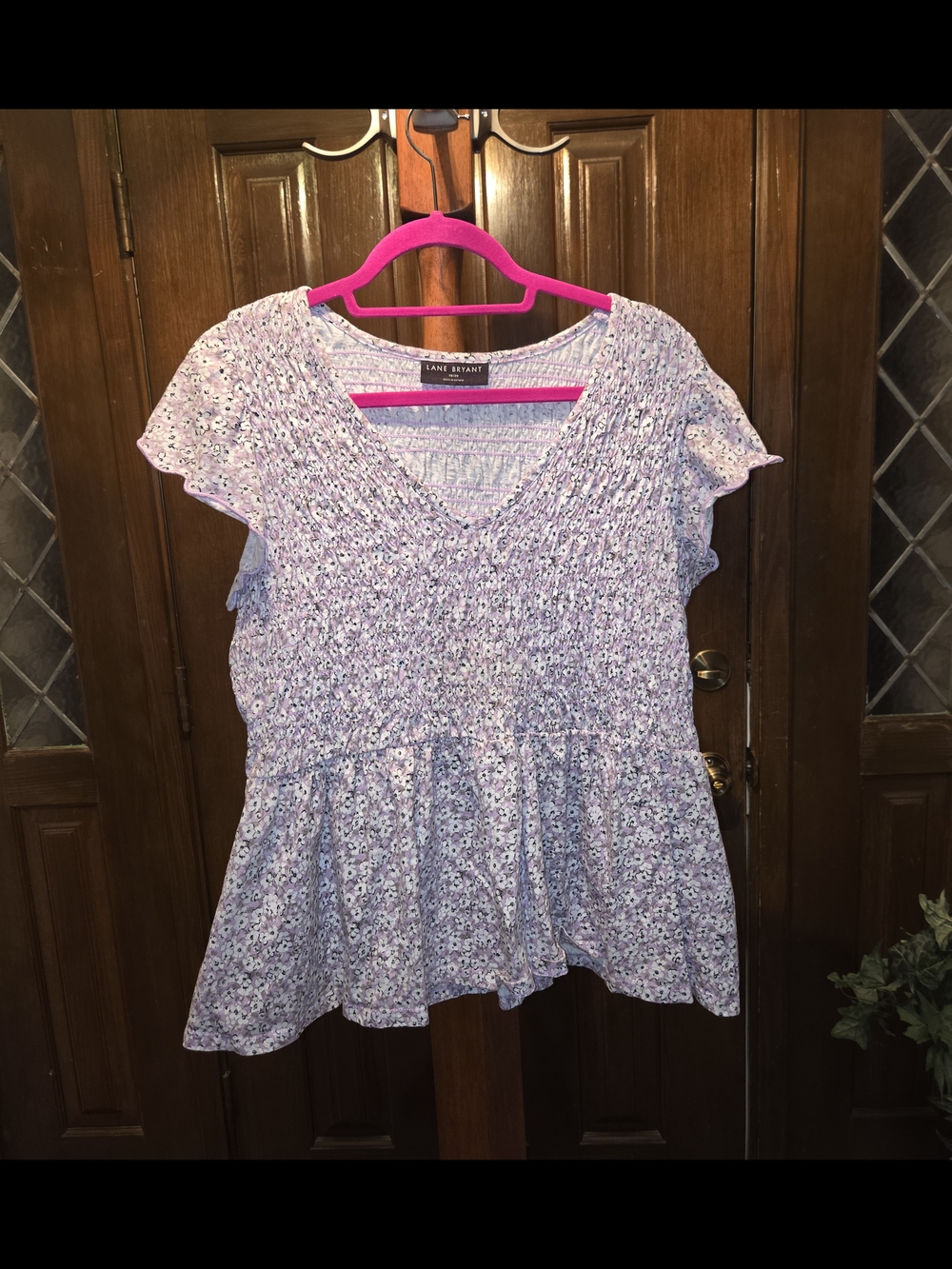 Lane Bryant Purple Floral Peplum Short Sleeve Top